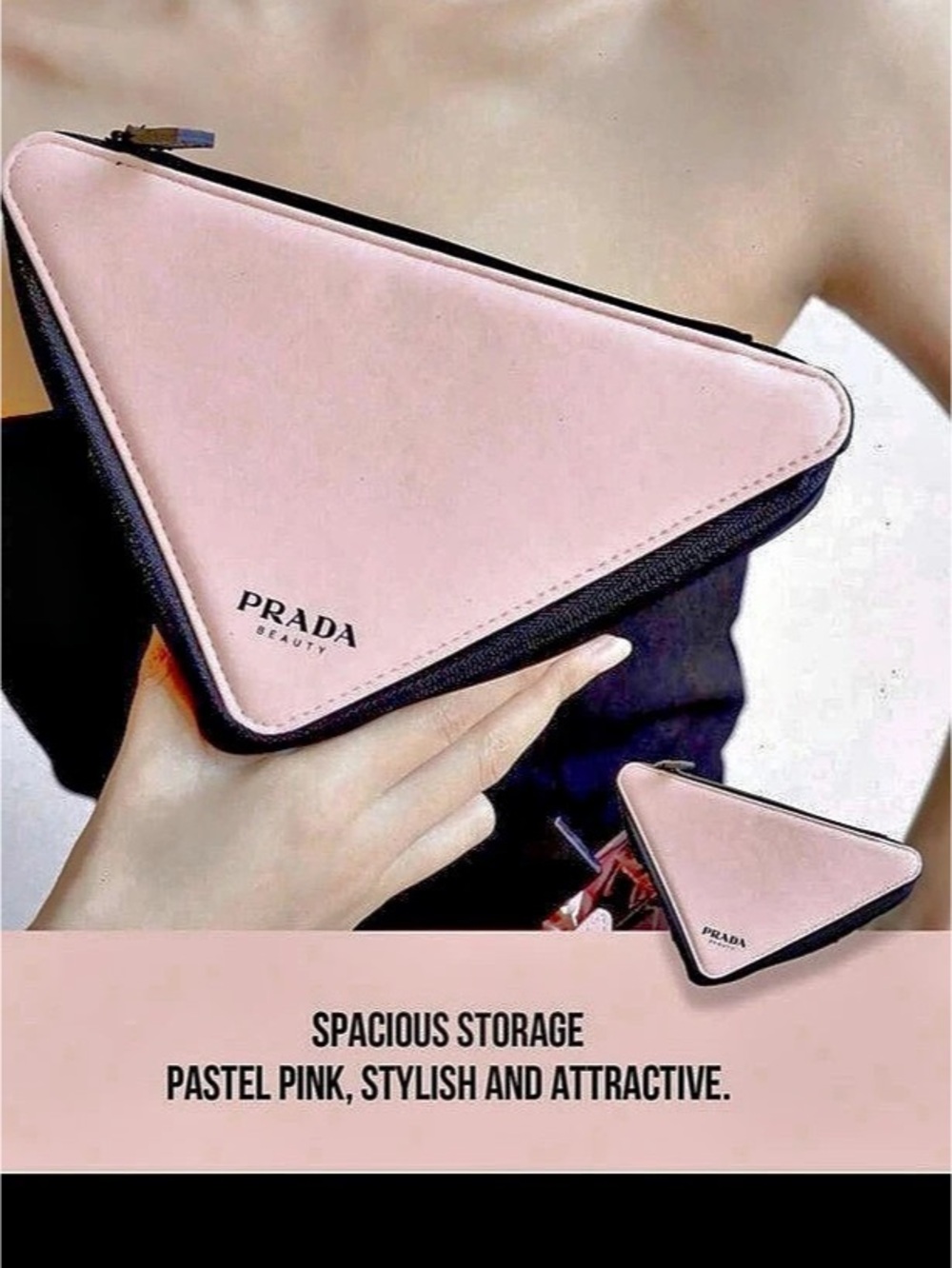 Prada Beauty Triangle Pouch Pink & Black Cosmetic Bag